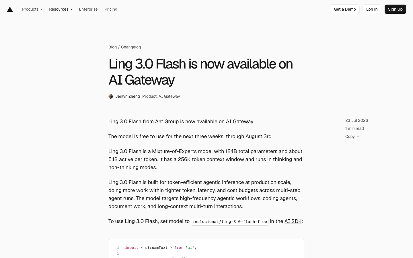 Source evidence for Vercel updates Ling 3.0 Flash is now available on AI Gateway: Rapid Rail 3 proof