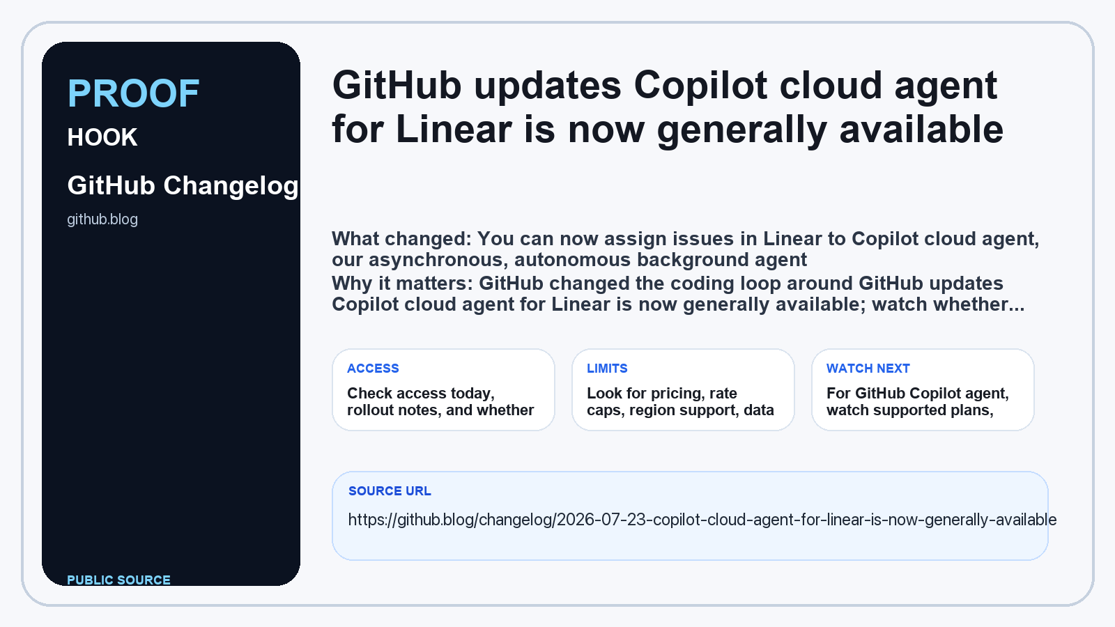 Source evidence for GitHub updates Copilot cloud agent for Linear is now generally available: Hook proof