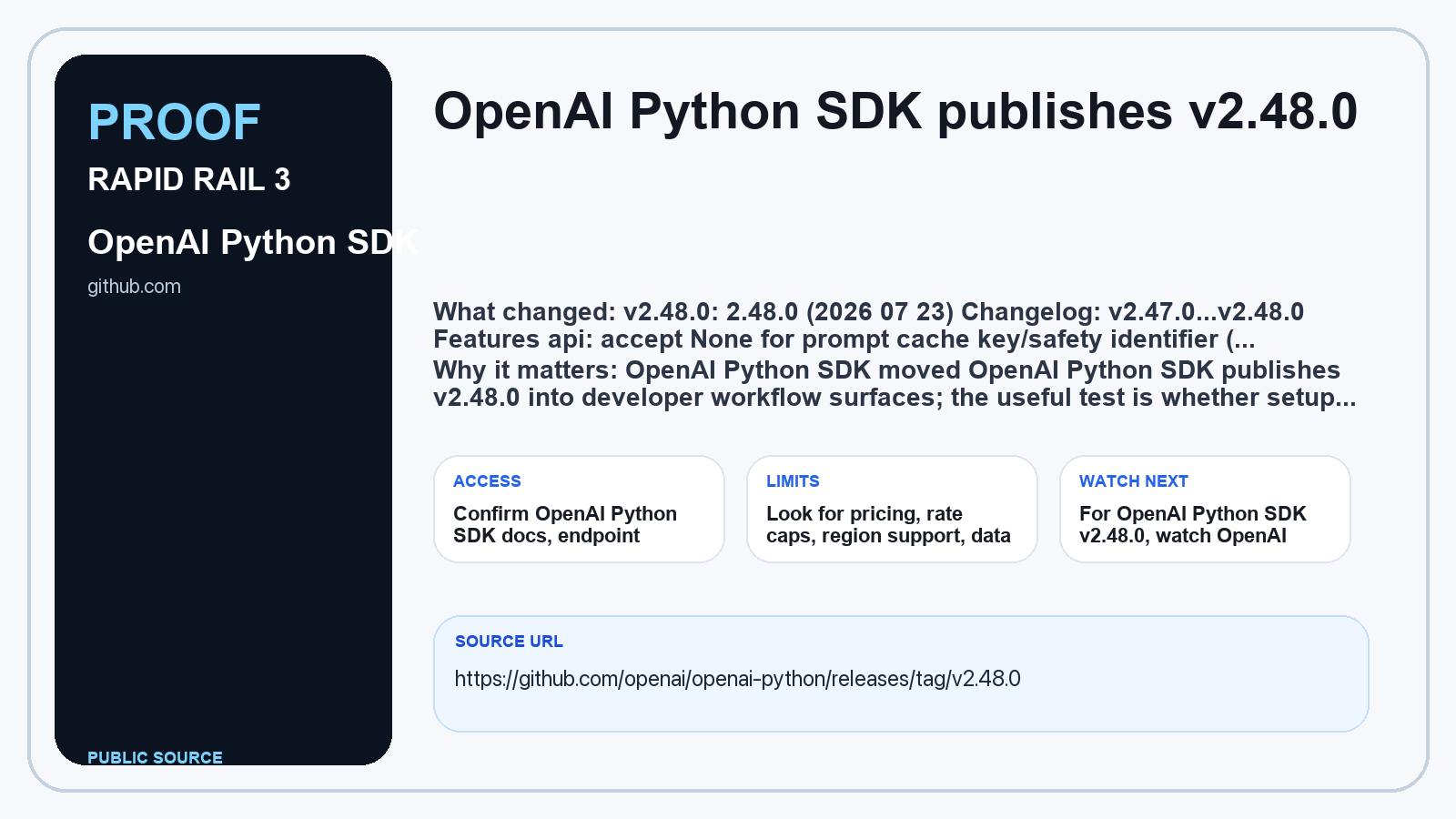 Source evidence for OpenAI Python SDK publishes v2.48.0: Rapid Rail 3 proof