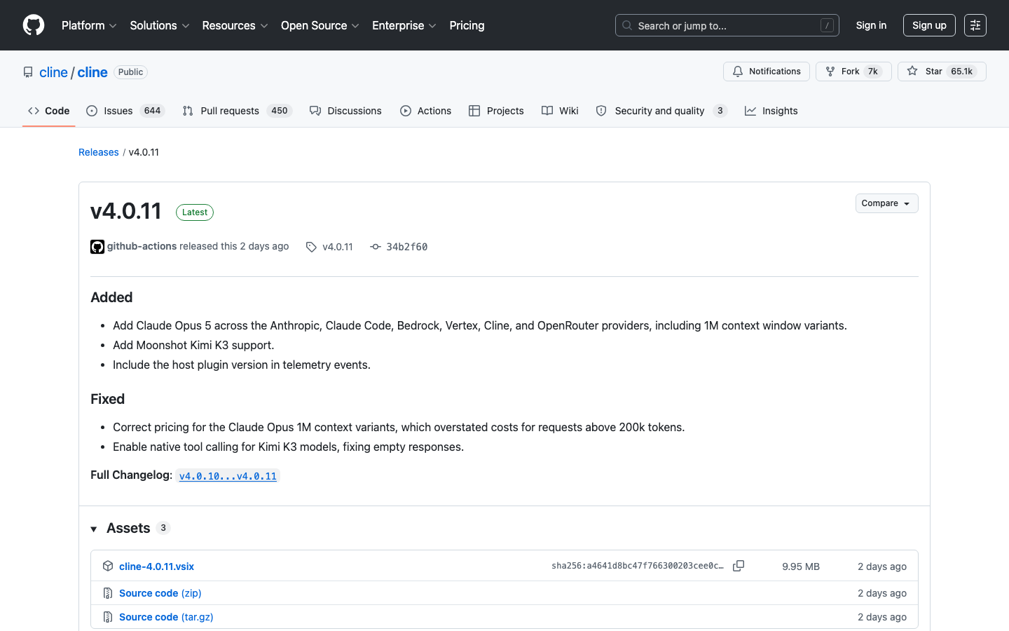 Source evidence for Cline publishes v4.0.11: 1M / v4.0.11