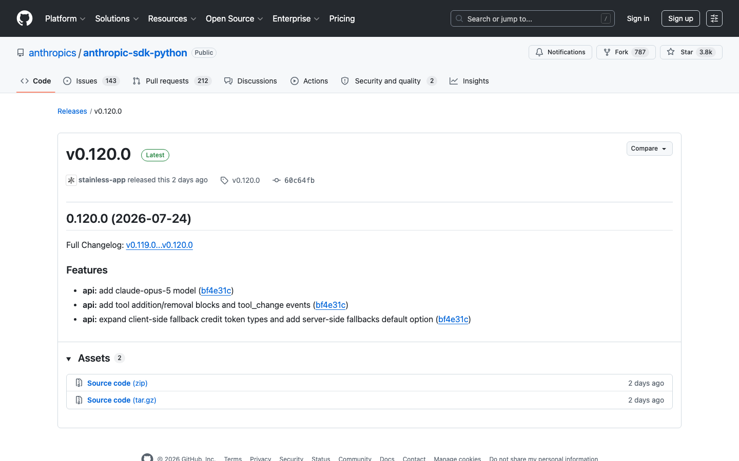 Source evidence for Anthropic Python SDK publishes v0.120.0: v0.120.0 / 0.120.0