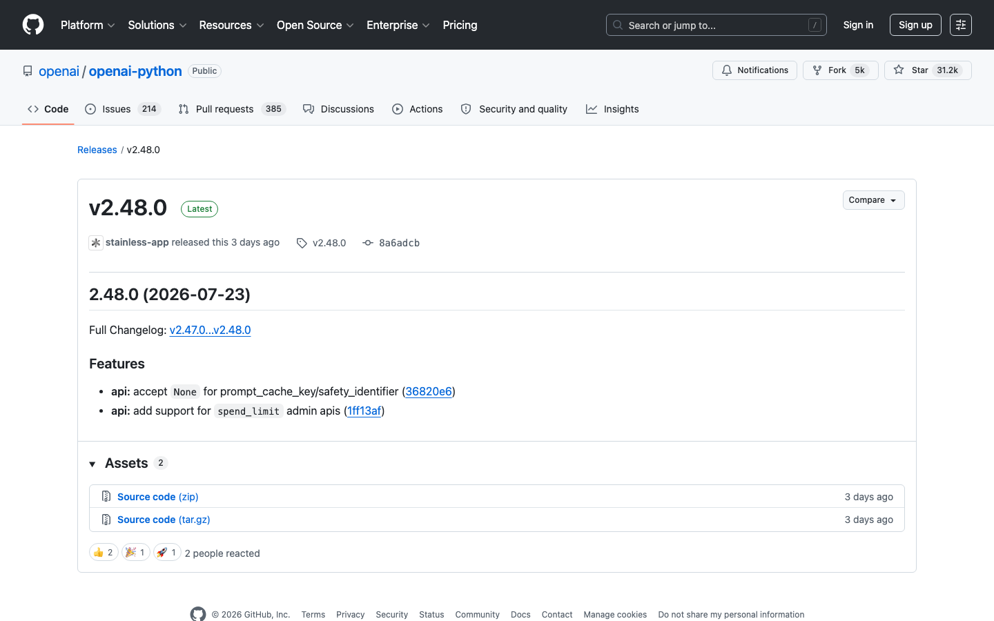 Source evidence for OpenAI Python SDK publishes v2.48.0: v2.48.0 / 2.48.0